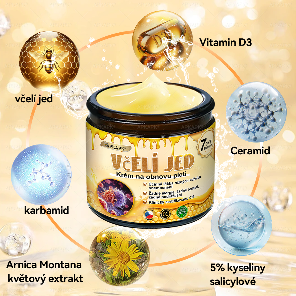 Dermatologicky a klinicky testováno👩‍⚕️🎁APKAPK®Bee Venom Krém na obnovení pleti🐝 pomáhá při léčbě kožních problémů, jako jsou: vrásky, jizvy, pigmentové skvrny, strie, akné, psoriáza, ekzém, kožní změny, podráždění, záněty a další kožní problémy.