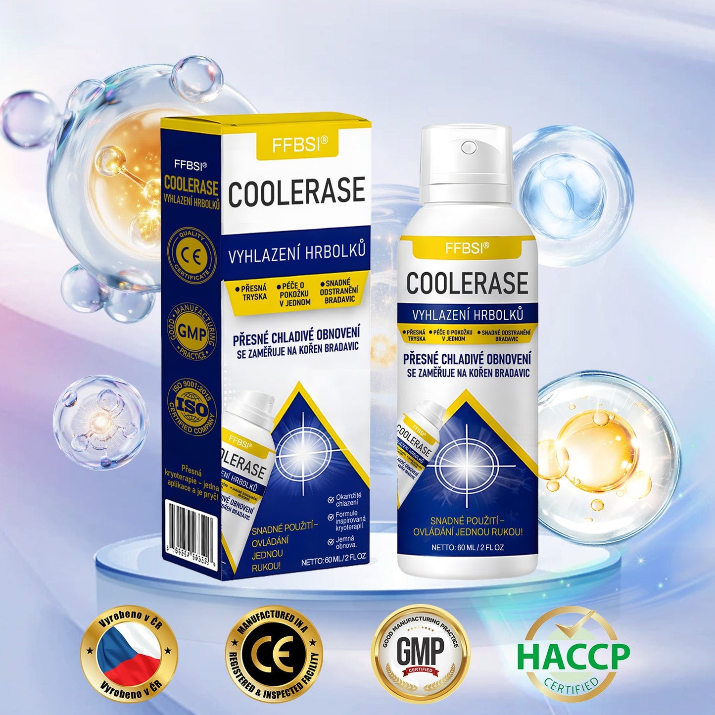 FFBSI® CoolErase Sprej pro regeneraci pokožky (Bradavice, Puchýře, Ekzém, Lupy, Kožní keratózy, Akné, Kožní výrůstky, Jizvy, Mateřská znaménka)